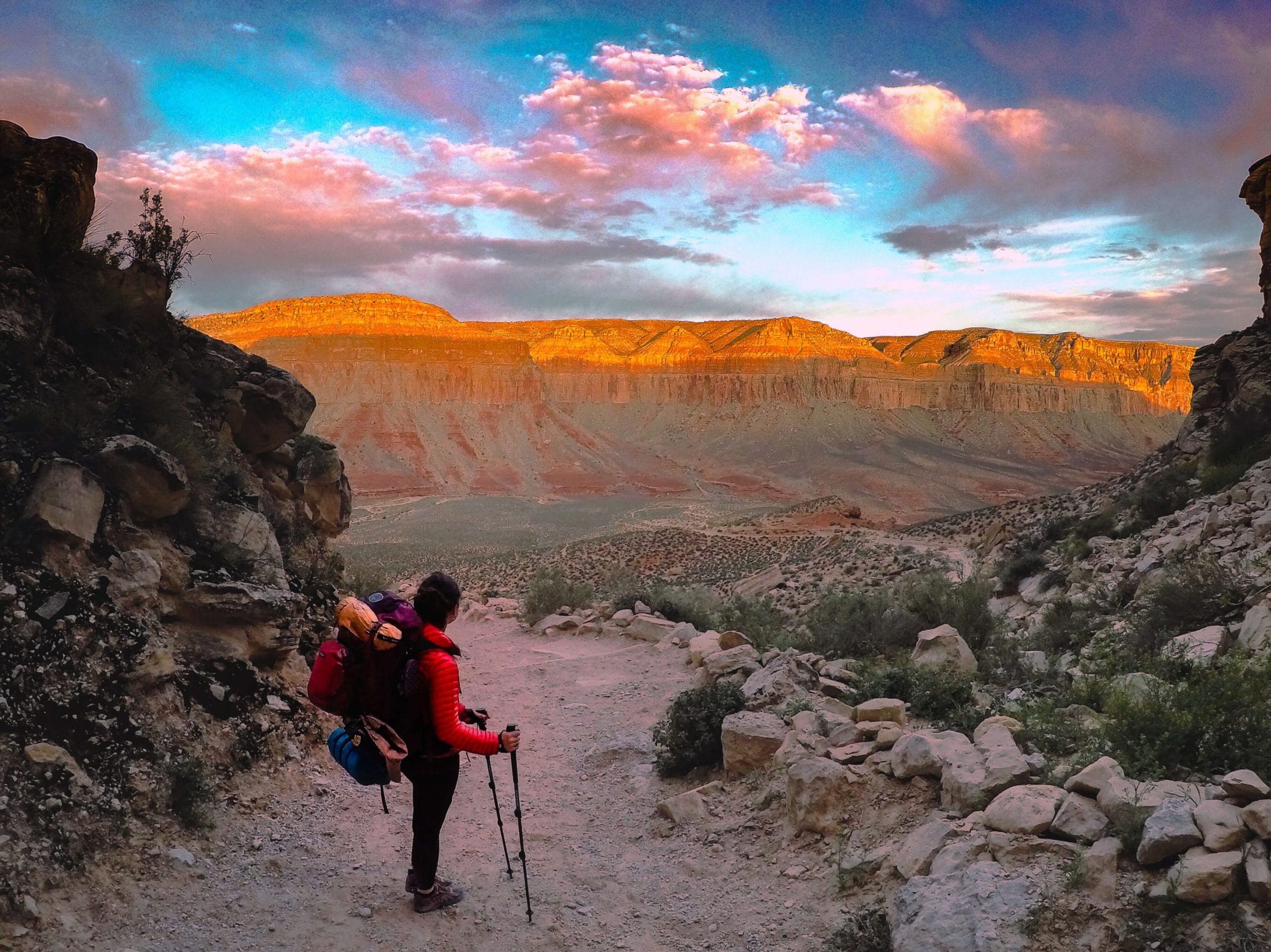 Starting the hike to Havasu Falls at the Hualapai Hilltop Trailhead in the Grand Canyon, AZ