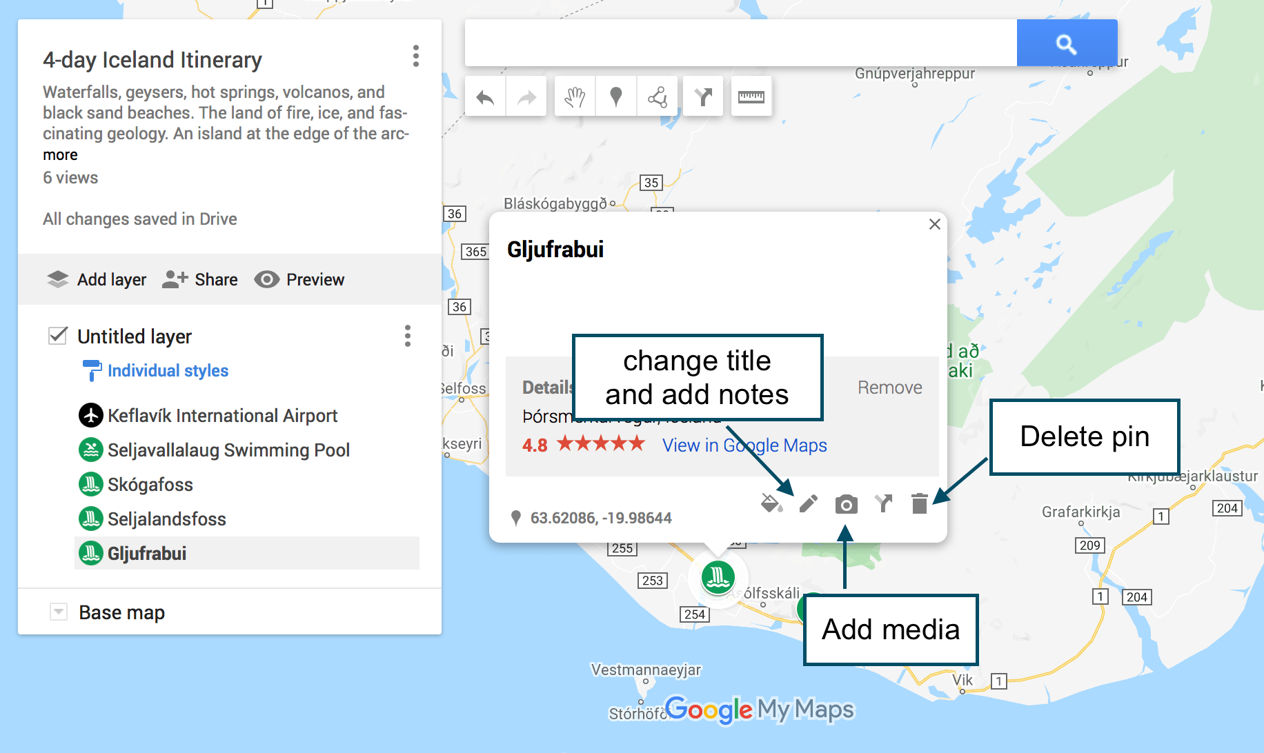 How to edit locations and plan your road trip with google maps