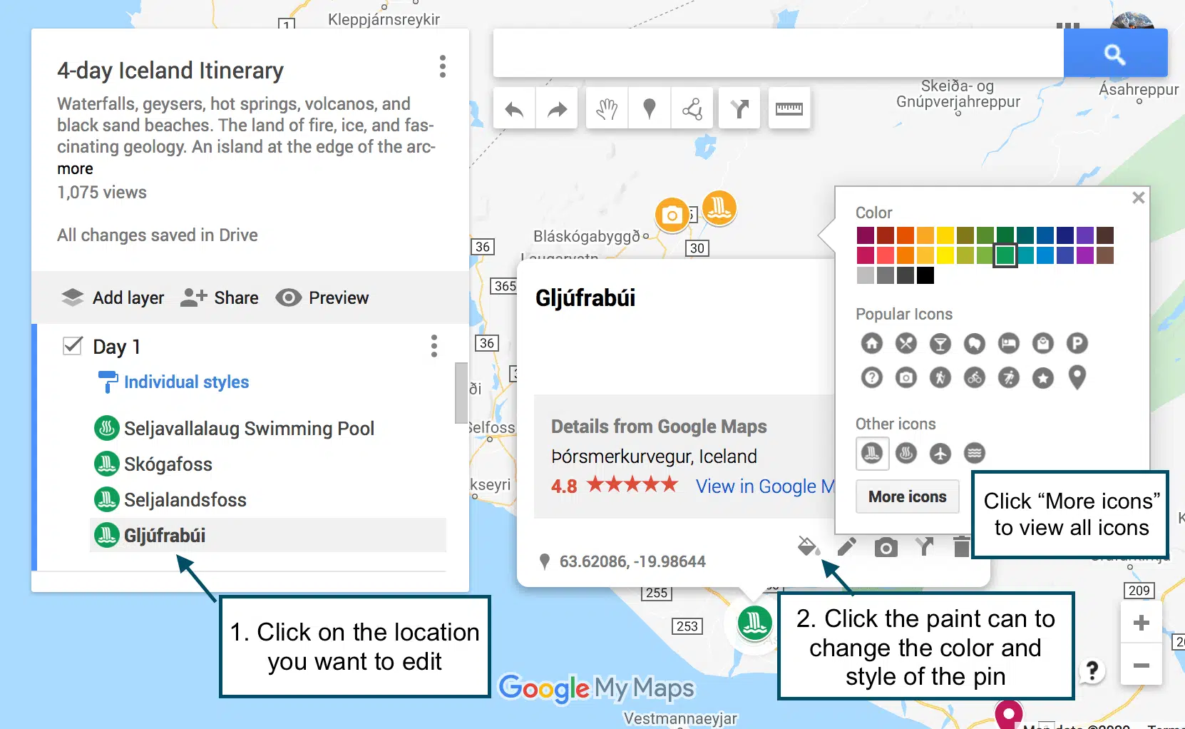 Edit location pins to organize your custom Google Map road trip planning tool