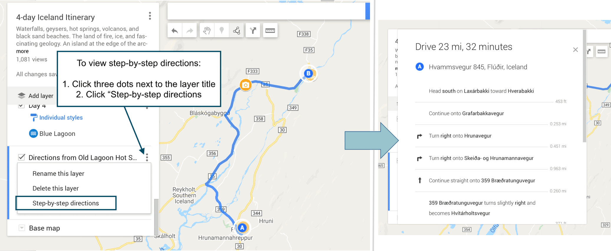How to view step by step directions between location pins with road trip planning tools 