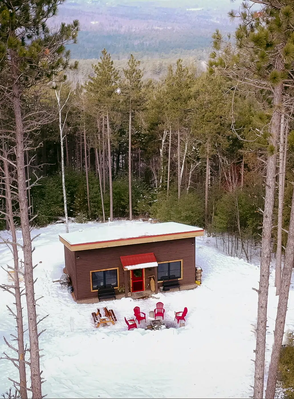 Aerial view of Juniper Hill Cabin in Wilmington, NY, Adirondacks