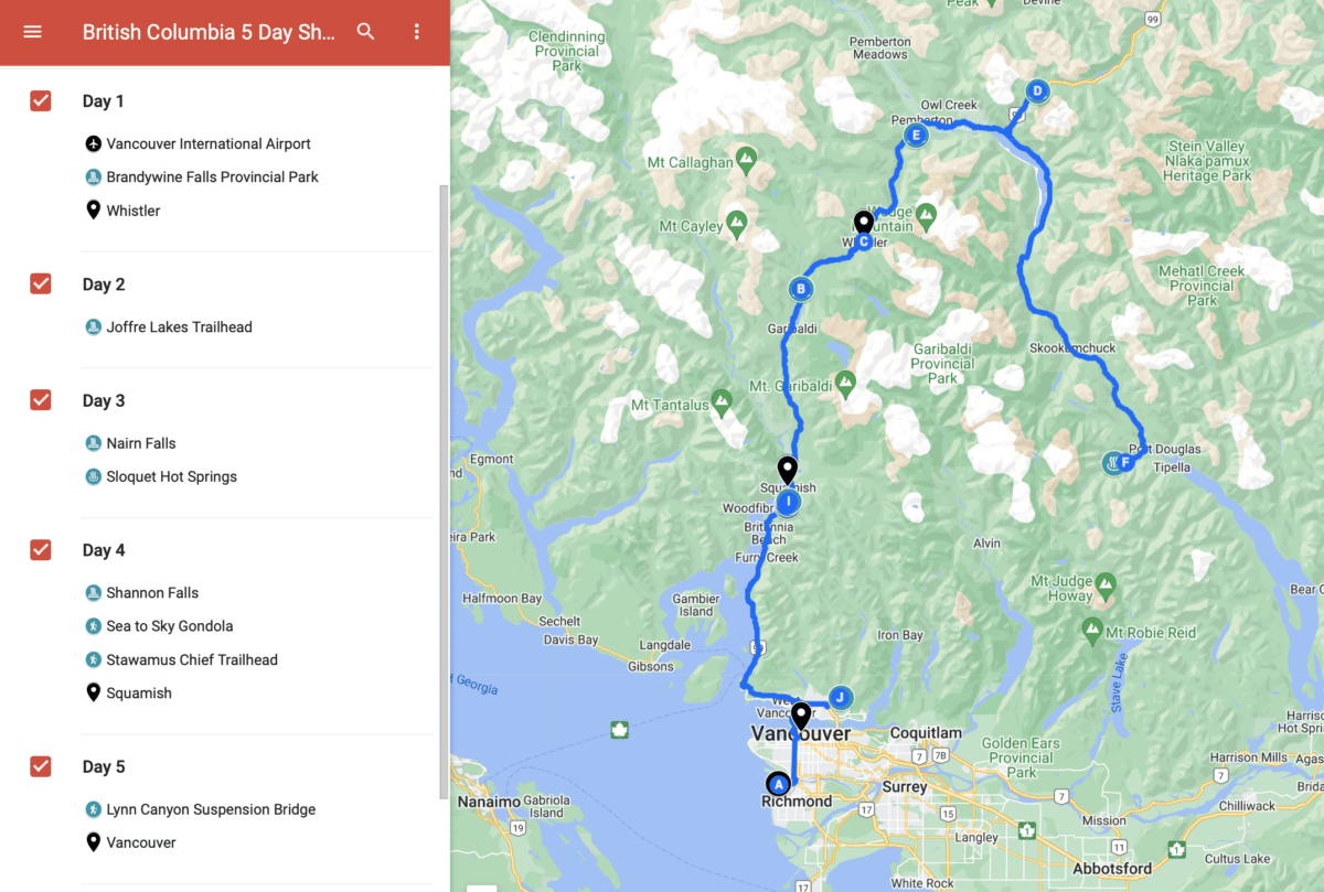 British Columbia 5 Day Road Trip on Google Maps
