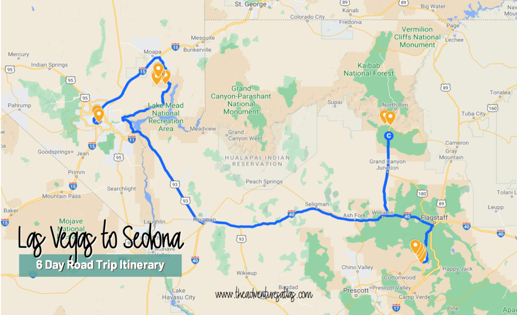 Las Vegas to Sedona 6 Day Road Trip Itinerary Google Map