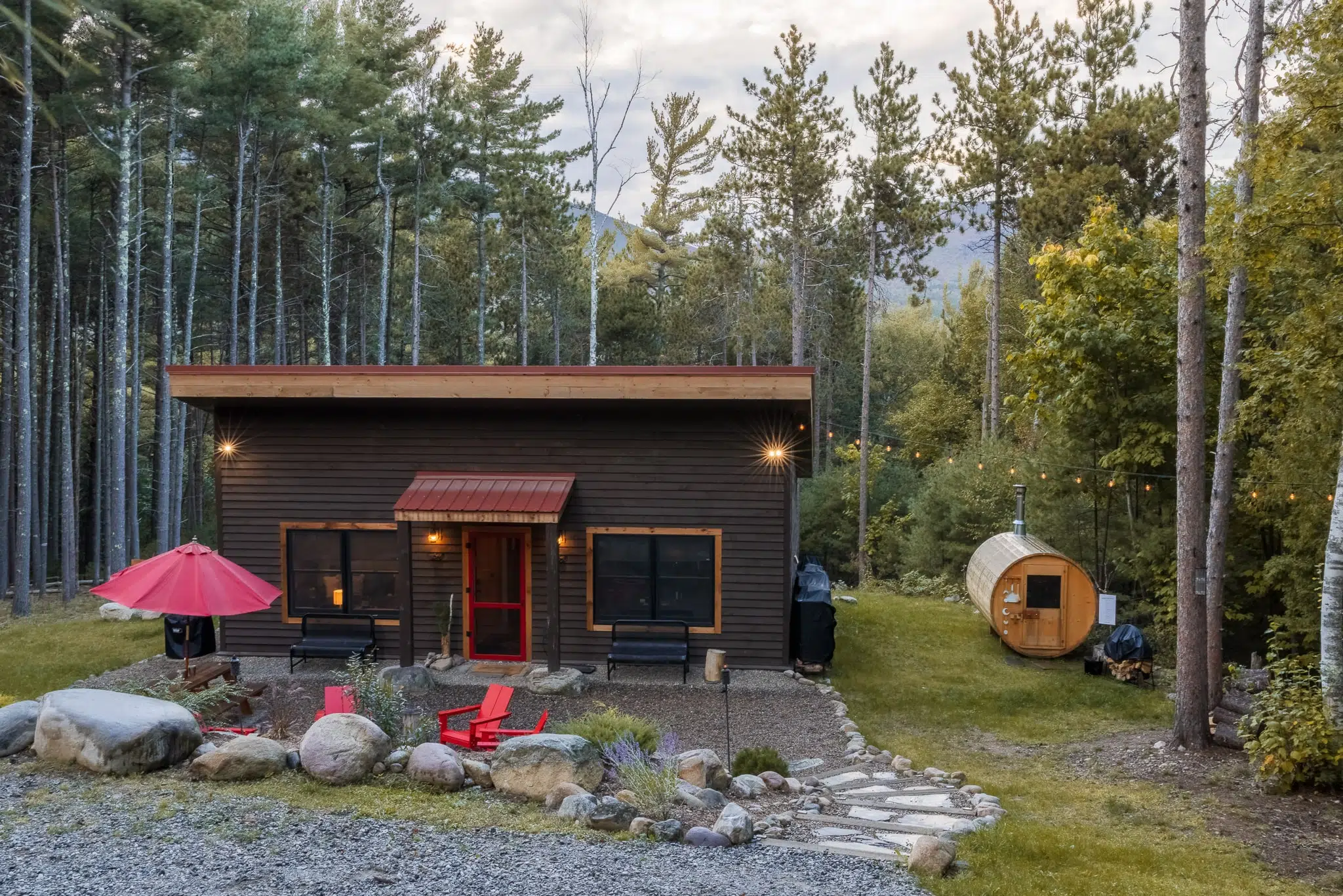 Exterior of a secluded Adirondack cabin