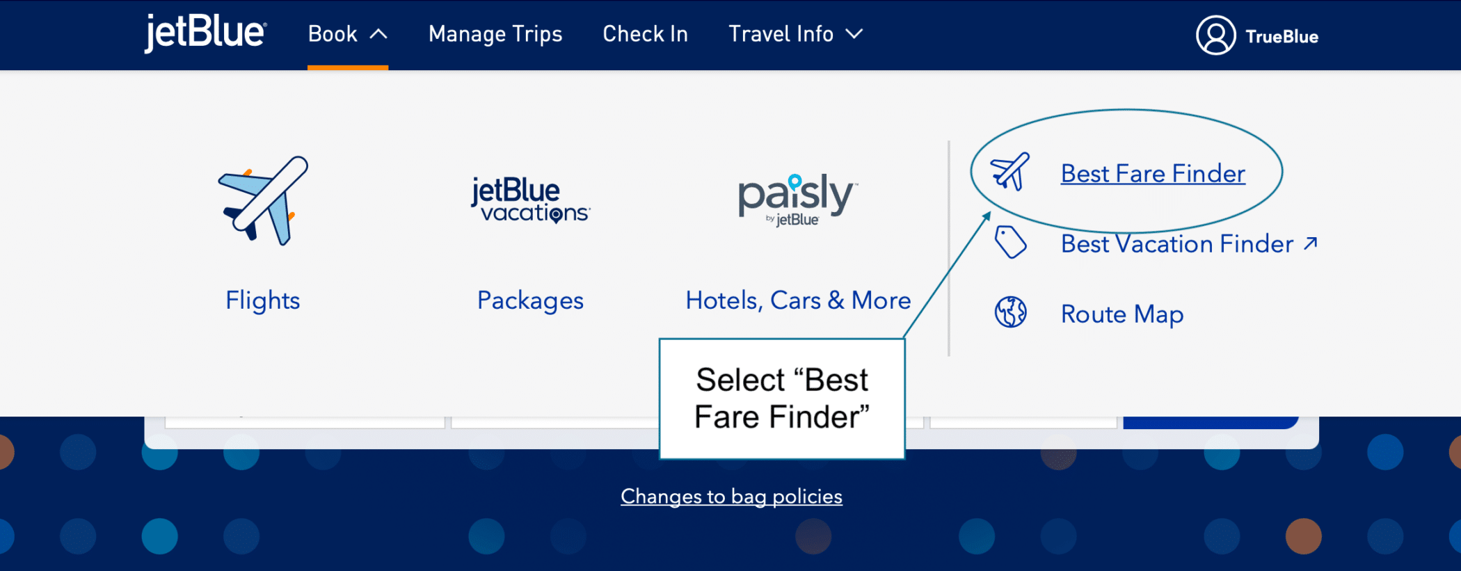 Navigating to JetBlue Best Fare Finder from the JetBlue homepage