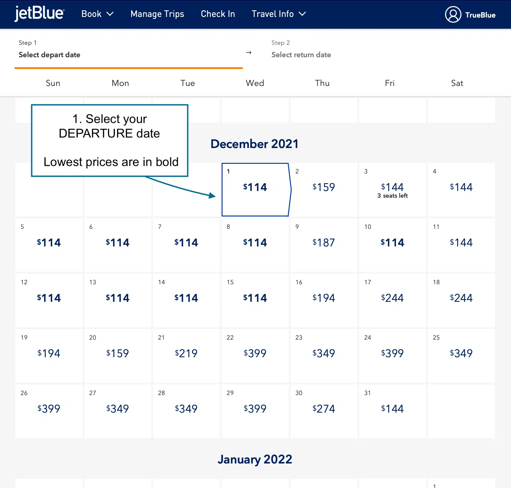 Finding the cheapest departure dates on JetBlue Airlines