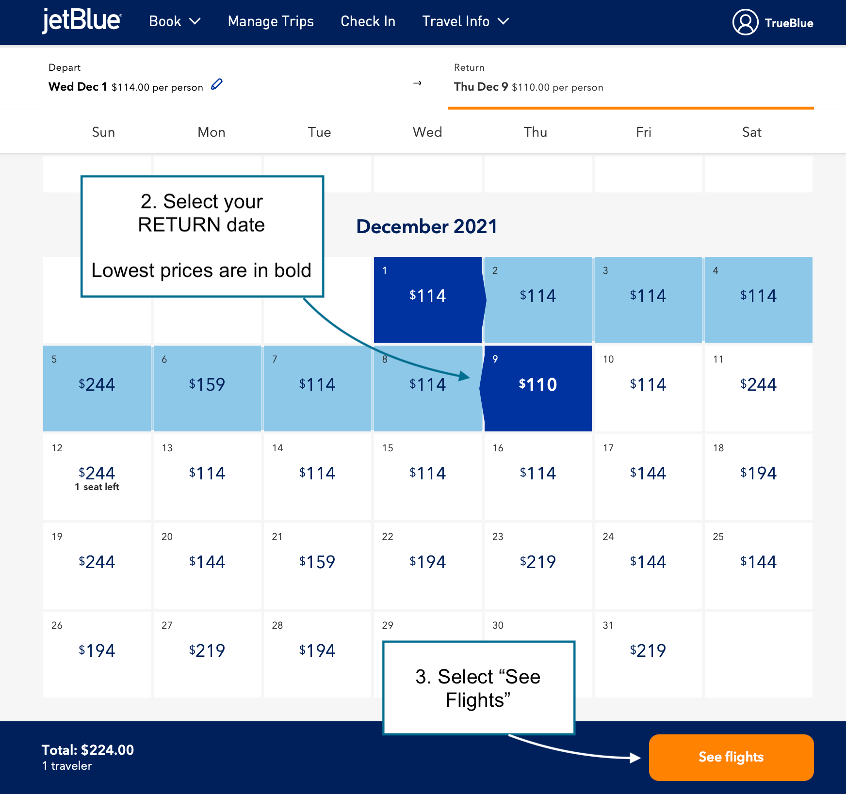 Finding the cheapest arrival dates on JetBlue Airlines