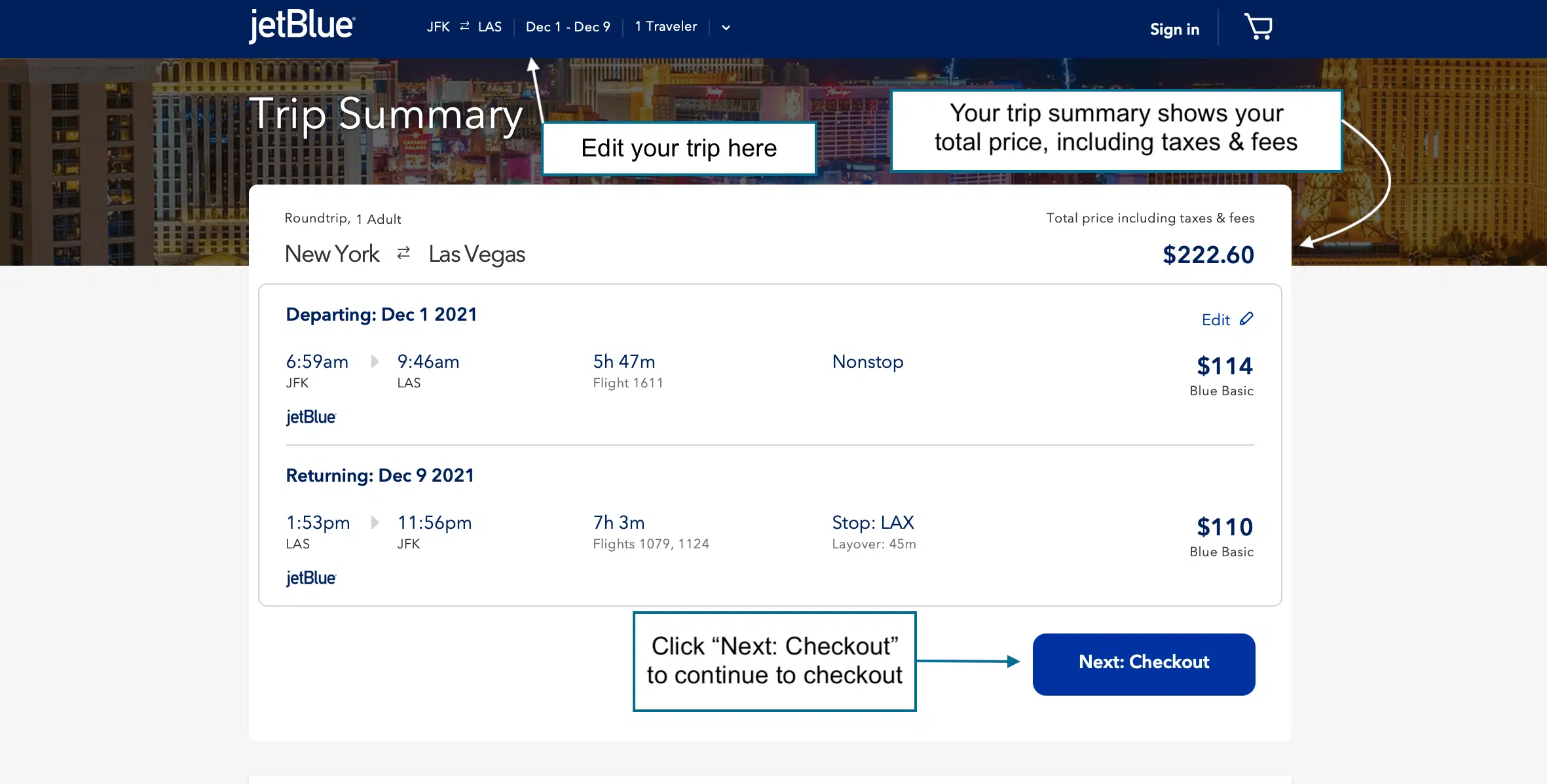 JetBlue Best Fare Finder Trip Summary