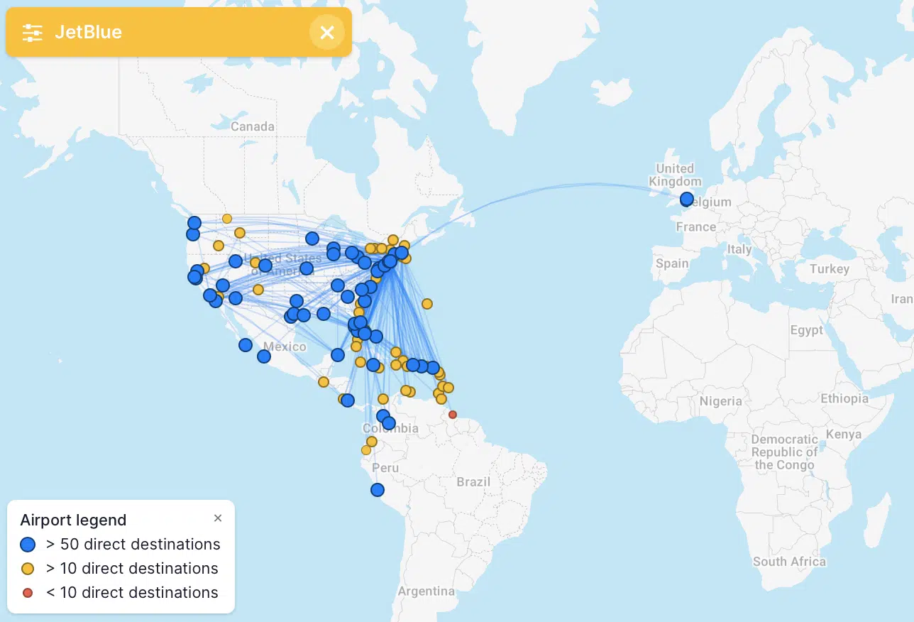 JetBlue Airlines Route Map 