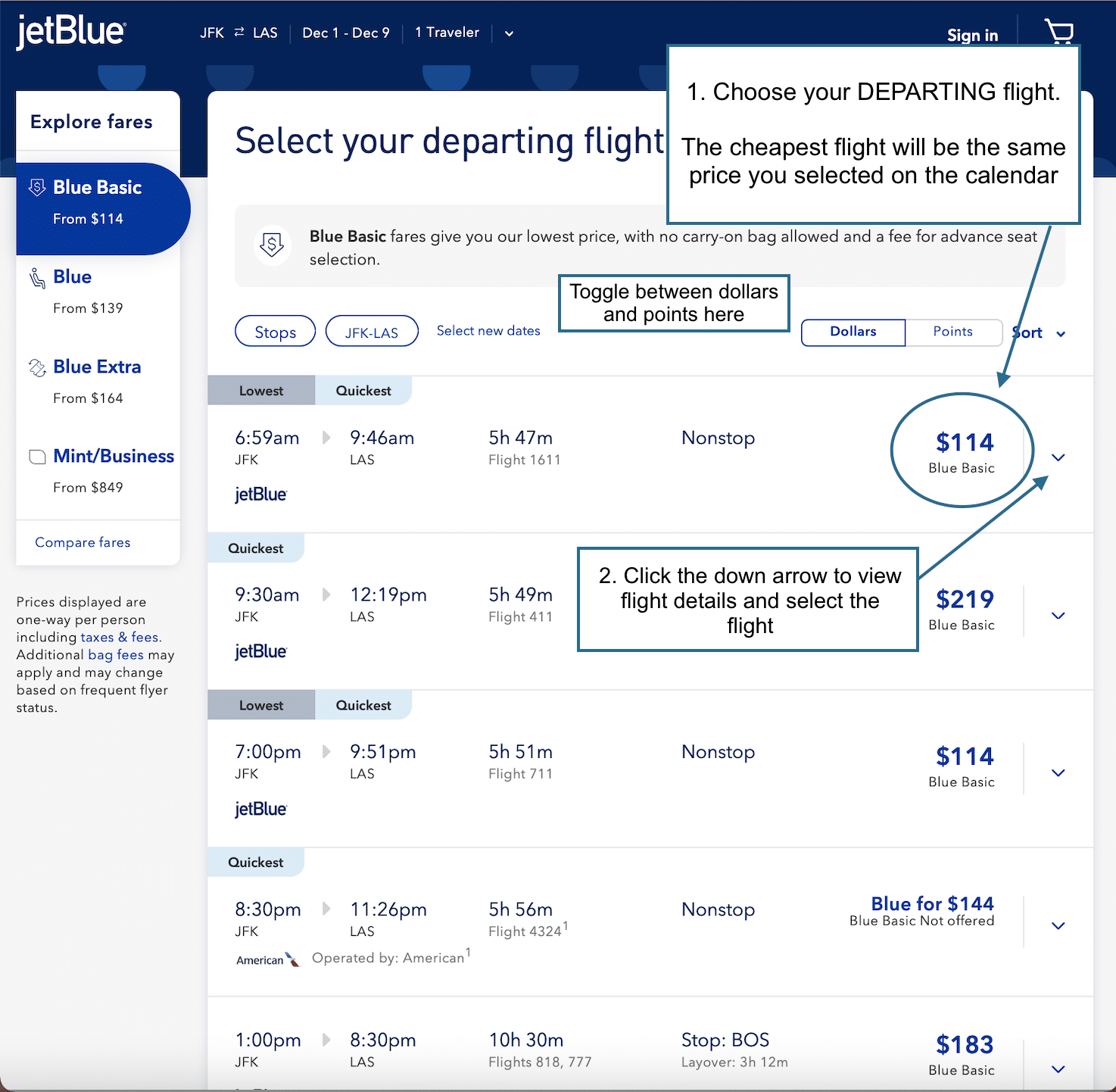 JetBlue Best Fare Finder flight list