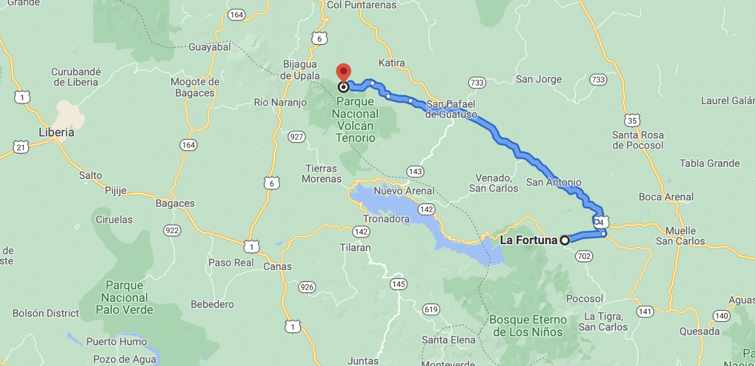 Driving directions to Rio Celeste from La Fortuna