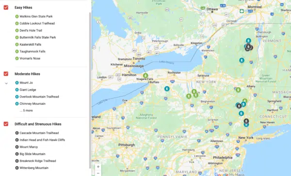 Map of the best hikes in Upstate New York