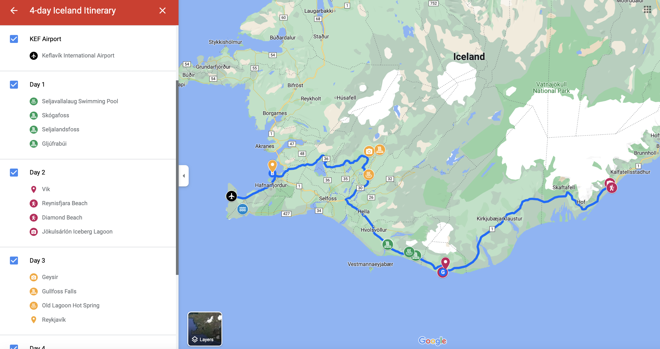 Screenshot of a custom Google My Maps for a road trip in Iceland