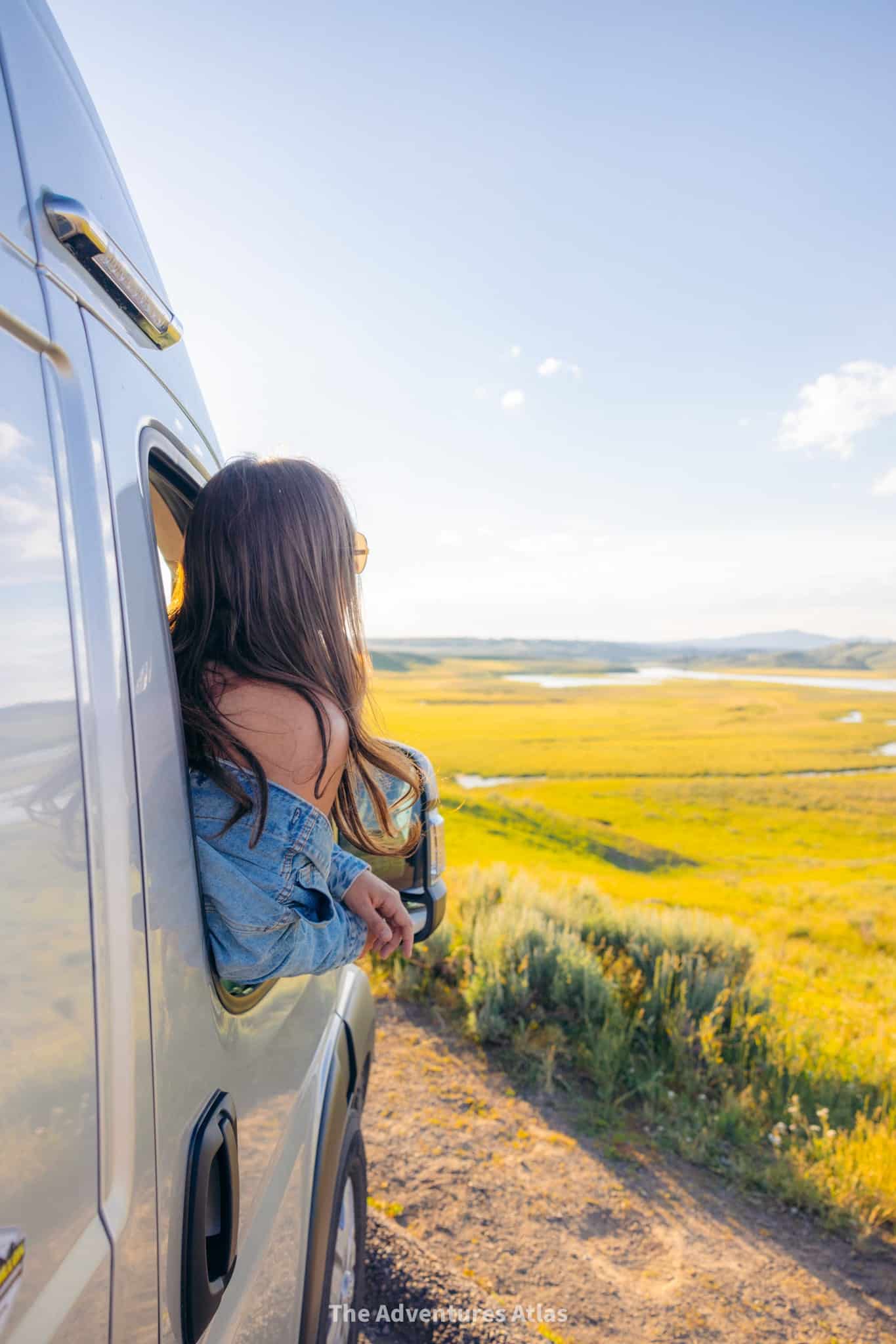 Campervan in Lamar Valley at sunset on a 2 Day Yellowstone Road Trip