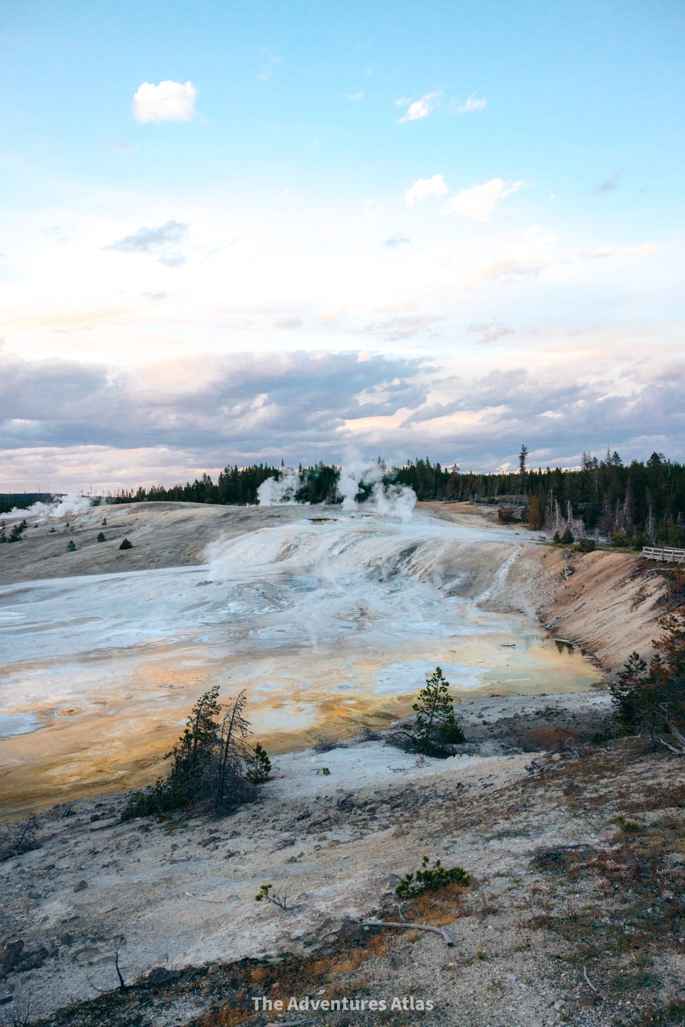 Norris Geyser Basin at sunset 