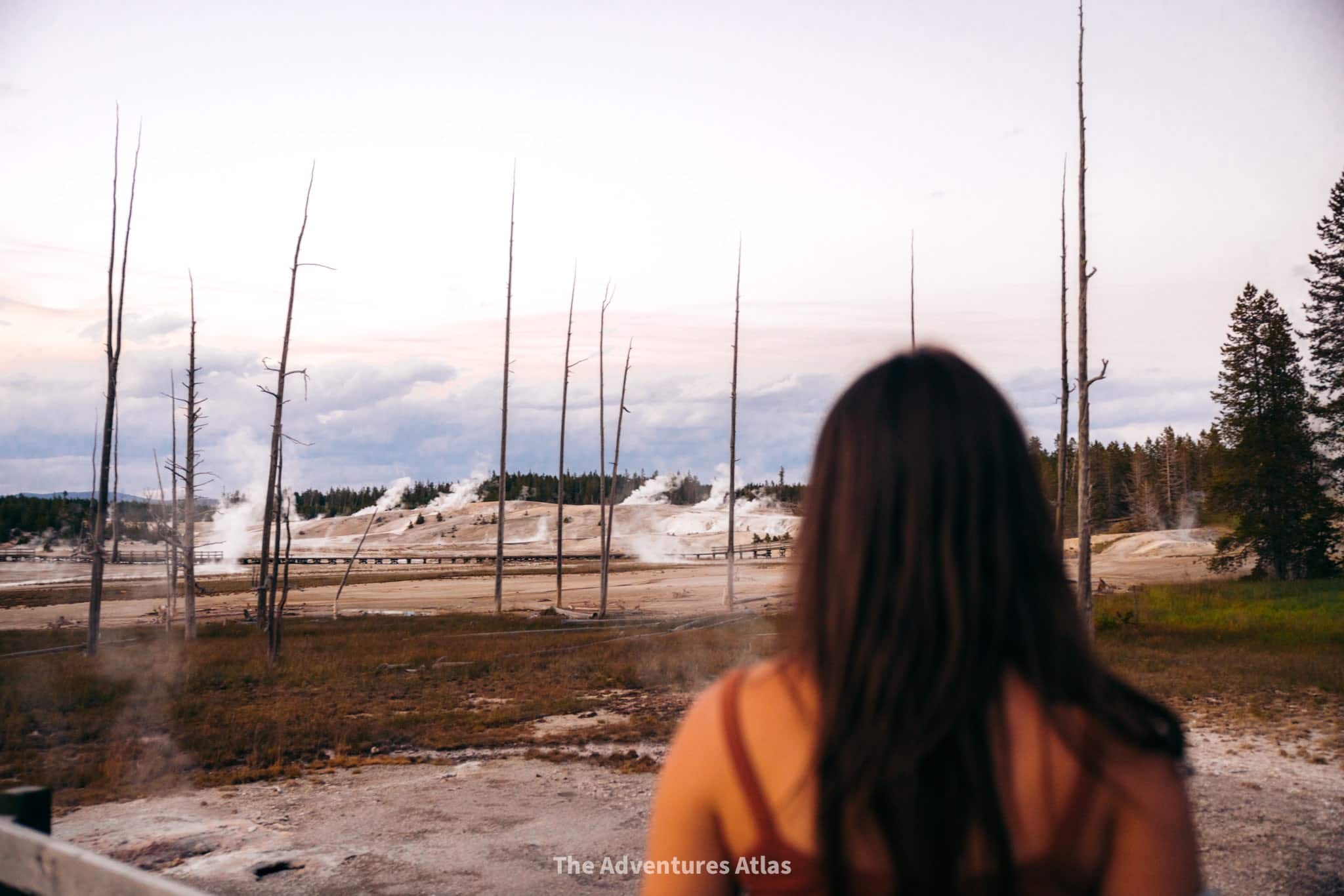 Norris Geyser Basin Porcelain Basin at sunset on a road trip with 2 days in Yellowstone National Park