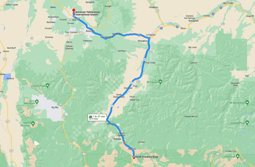 Bozeman Yellowstone International Airport to Yellowstone North Entrance