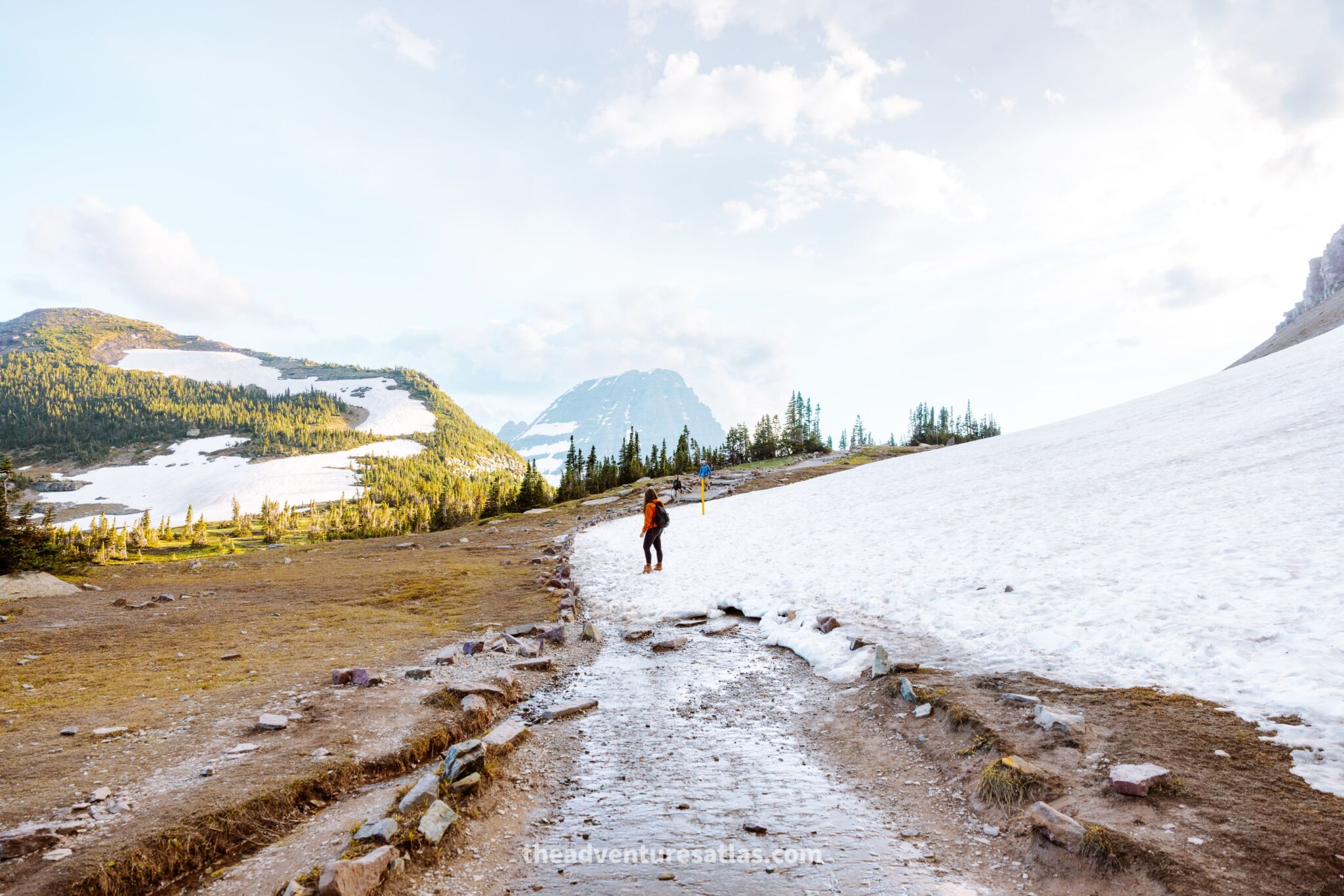 Snow on a mountain pass in Glacier National Park in July