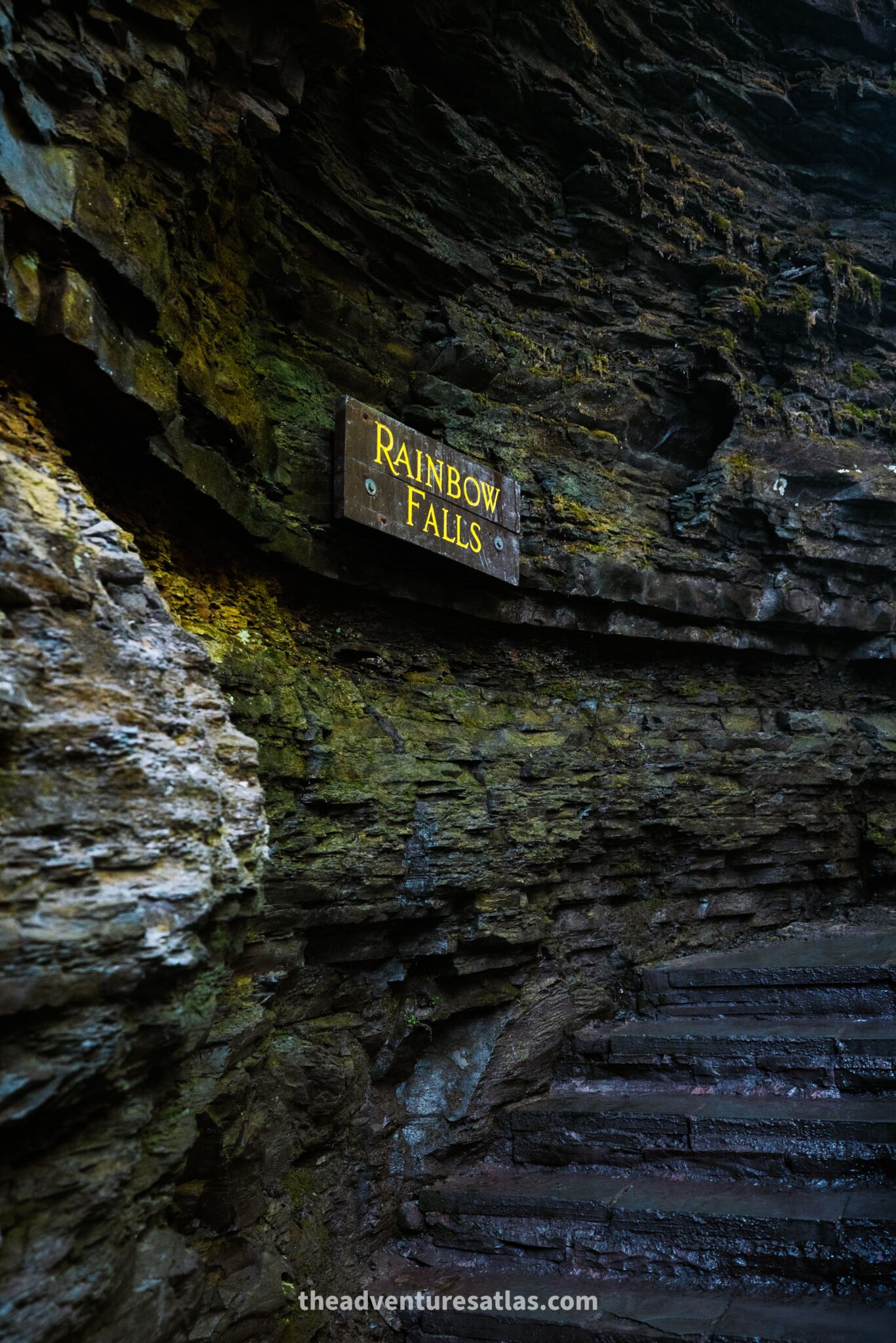 The sign for Rainbow Falls in Watkins Glen State Park NY
