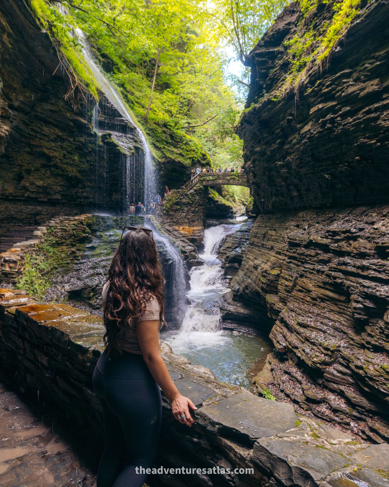 Looking out toward the bridge at Rainbow Falls in Watkins Glen