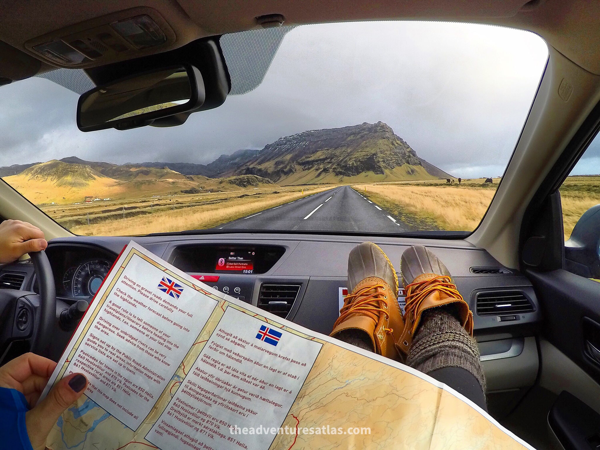 Views of mountains driving on a road trip along the south coast of Iceland