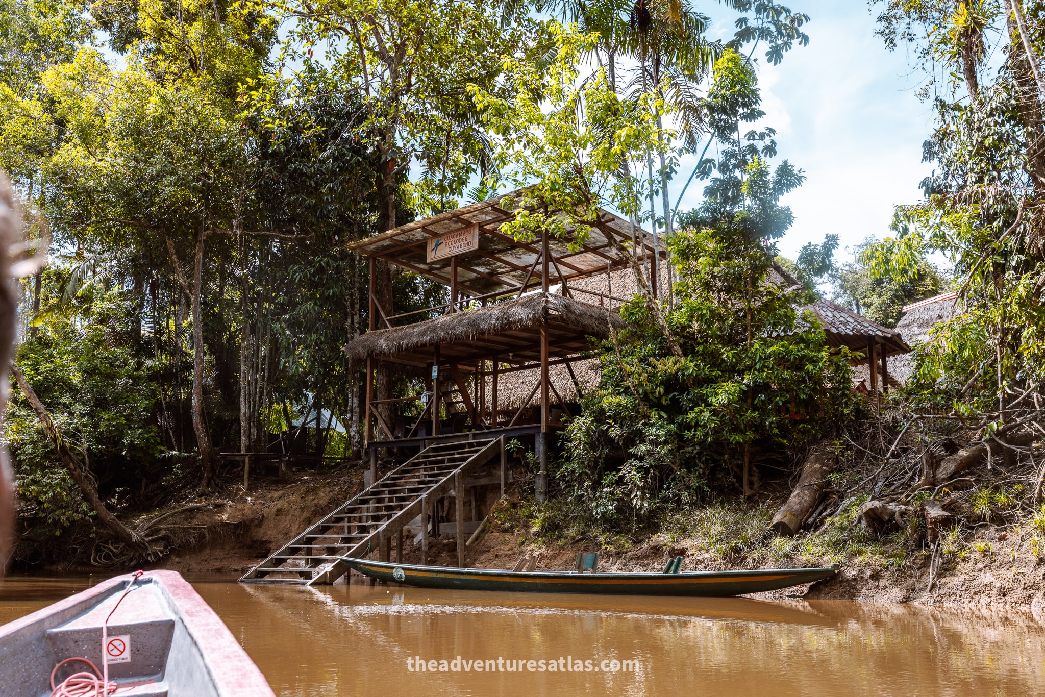 An eco-lodge on the shore of a river in the Ecuadorian Amazon Rainforest