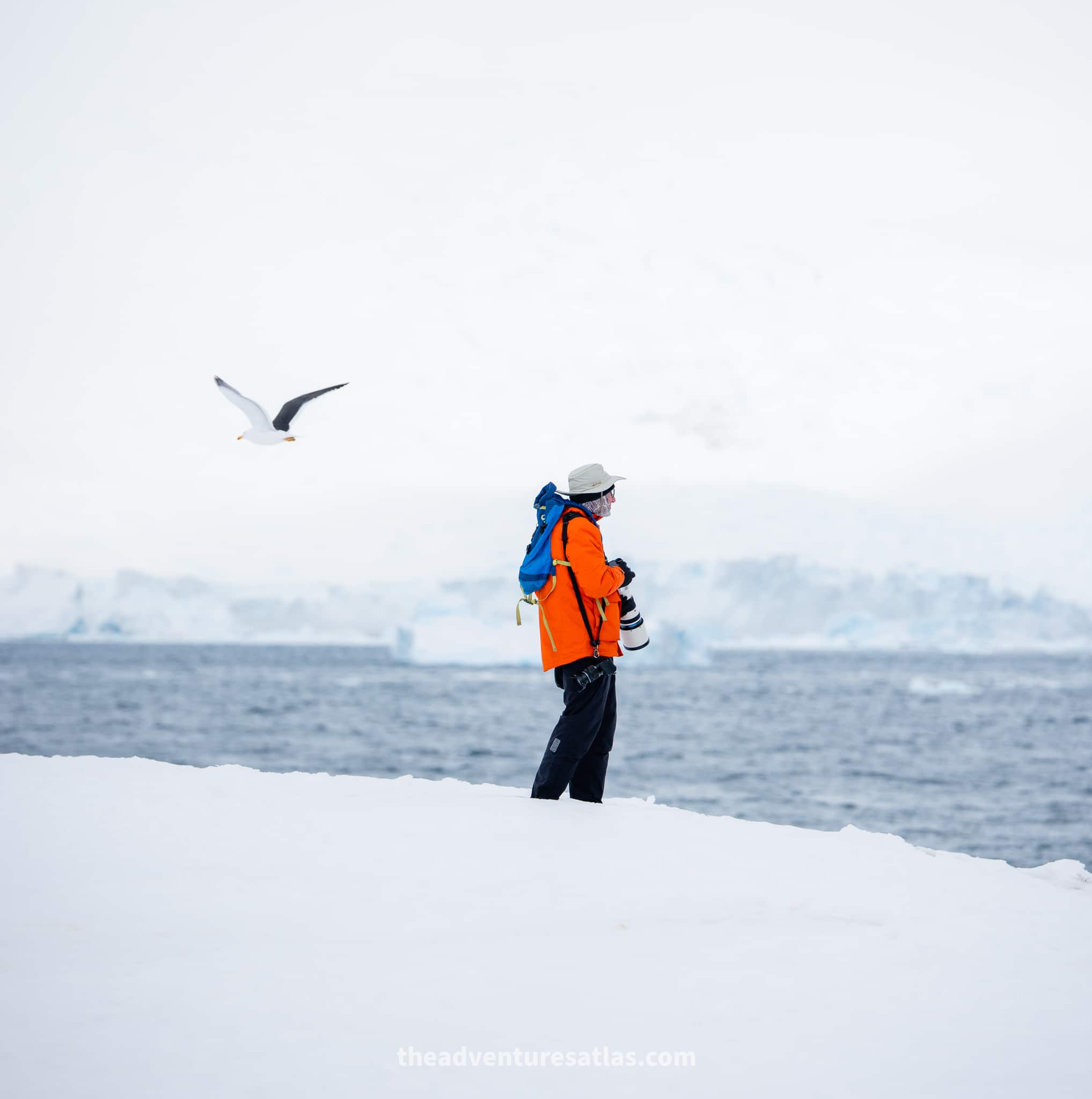 Traveler wearing a heavy insulated parka designed for Antarctica expedition conditions 