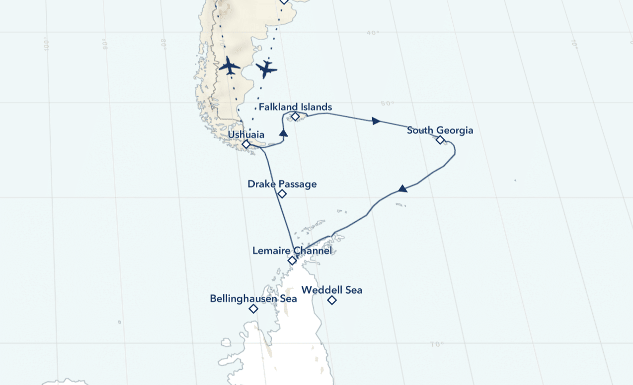 A map showing the 22-day expedition route from Ushuaia to the Falkland Islands, South Georgia, and the Antarctic Peninsula.