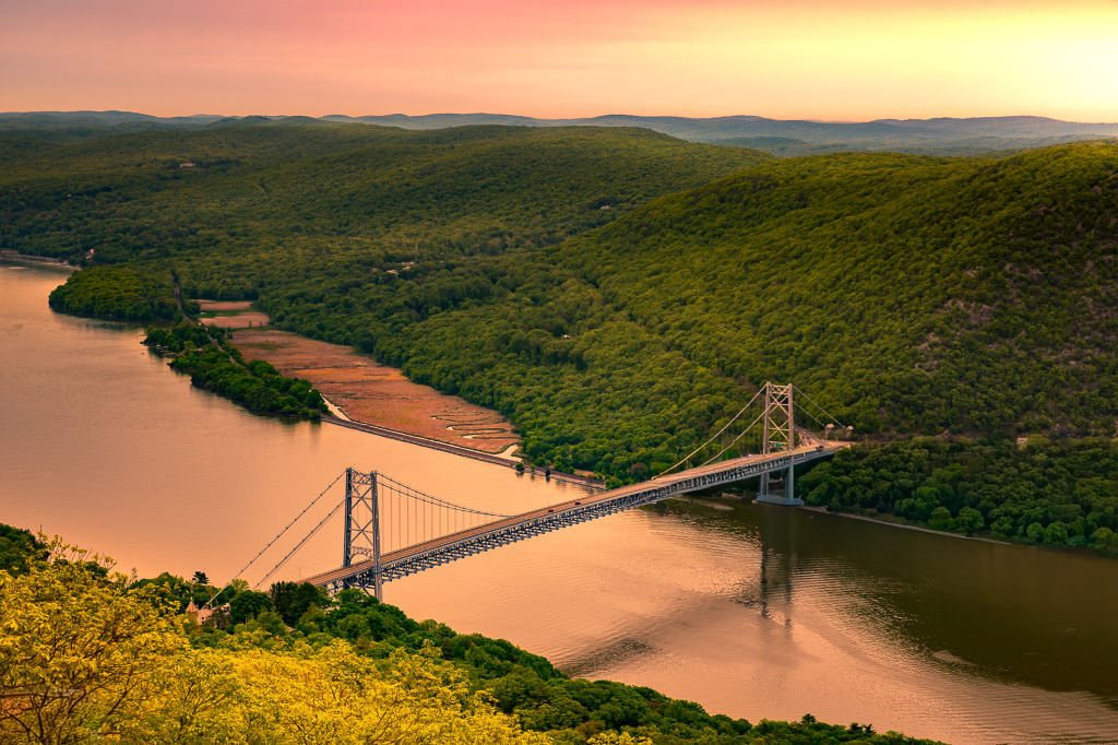 Aerial view of Bear Mountain Bridge at sunrise in the Hudson Valley